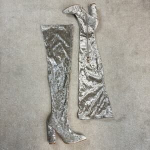 Cape Robbin Paw-27 Crushed Velvet Thigh High Stretchy Boots Silver Size 9